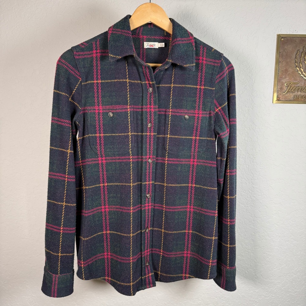 Faherty Womens XS Plaid Flannel Button Down Shirt Green Pink REPREVE Stretch